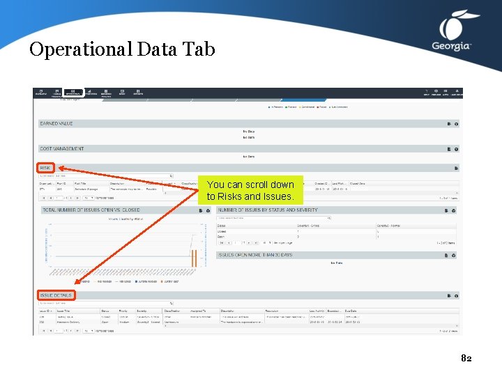 Operational Data Tab You can scroll down to Risks and Issues. 82 