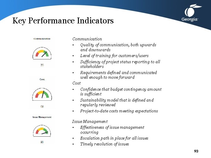 Key Performance Indicators Communication • Quality of communication, both upwards and downwards • Level