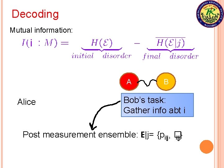 Decoding Mutual information: i A Alice B Bob’s task: Gather info abt i Post