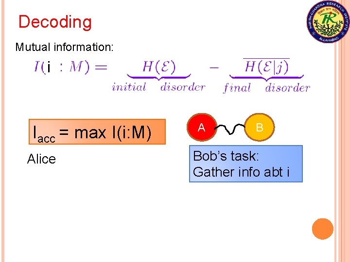 Decoding Mutual information: i Iacc = max I(i: M) Alice A B Bob’s task: