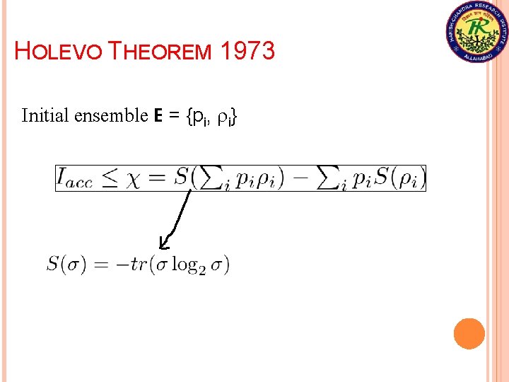 HOLEVO THEOREM 1973 Initial ensemble E = {pi, ri} 