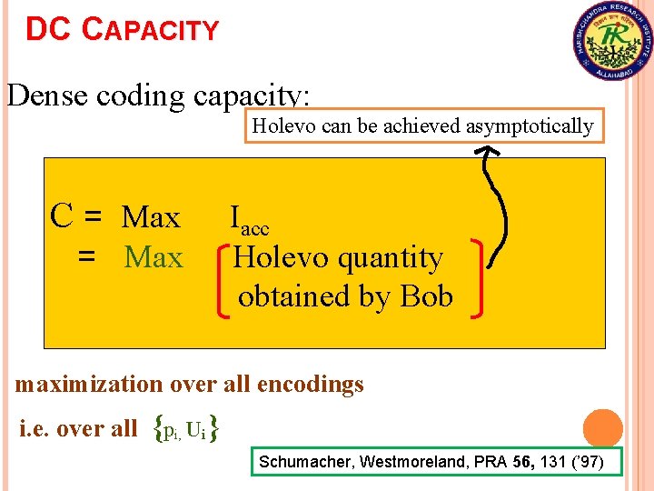 DC CAPACITY Dense coding capacity: Holevo can be achieved asymptotically C = Max Iacc