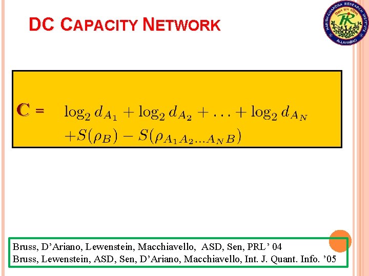 DC CAPACITY NETWORK C= Bruss, D’Ariano, Lewenstein, Macchiavello, ASD, Sen, PRL’ 04 Bruss, Lewenstein,