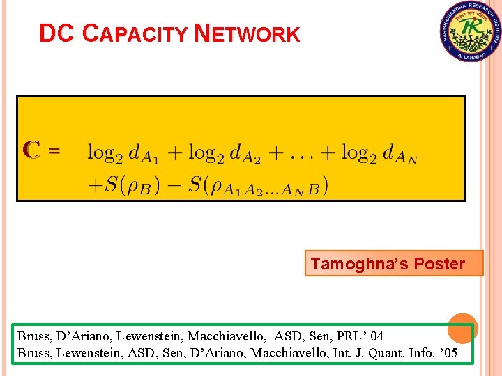 DC CAPACITY NETWORK C= Tamoghna’s Poster Bruss, D’Ariano, Lewenstein, Macchiavello, ASD, Sen, PRL’ 04