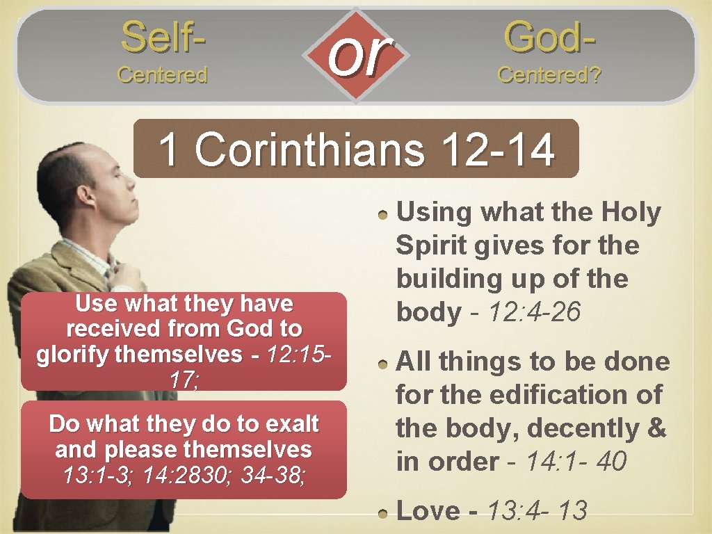 Self. Centered or God. Centered? 1 Corinthians 12 -14 Use what they have received