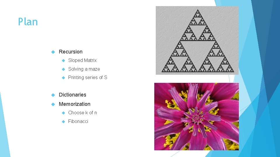 Plan Recursion Sloped Matrix Solving a maze Printing series of S Dictionaries Memorization Choose