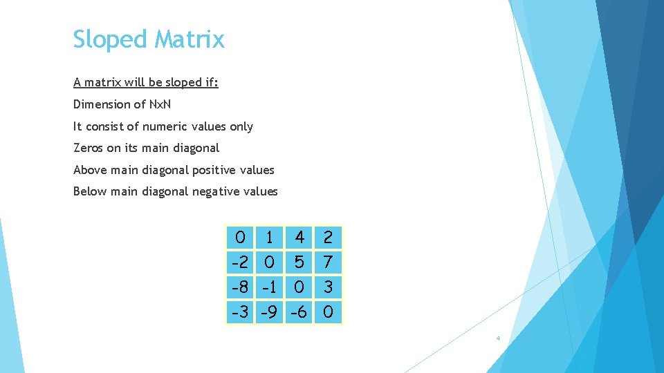 Sloped Matrix A matrix will be sloped if: Dimension of Nx. N It consist