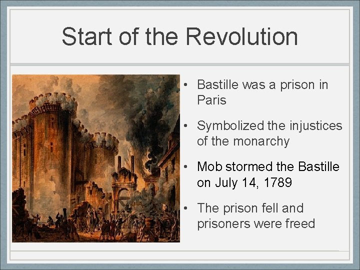 Start of the Revolution • Bastille was a prison in Paris • Symbolized the