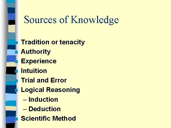 Sources of Knowledge n n n n Tradition or tenacity Authority Experience Intuition Trial