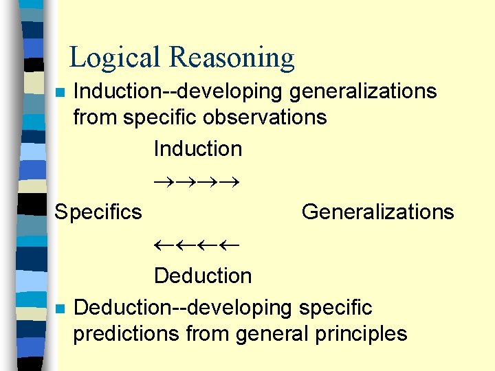 Logical Reasoning Induction--developing generalizations from specific observations Induction Specifics Generalizations Deduction n Deduction--developing specific