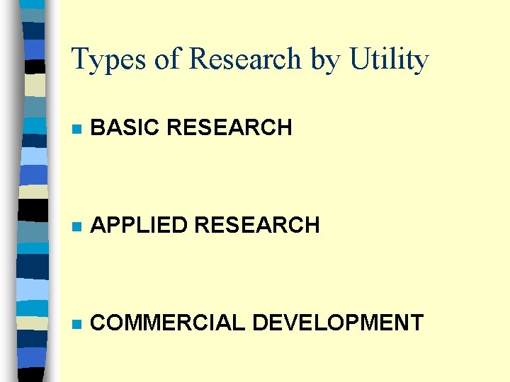 Types of Research by Utility n BASIC RESEARCH n APPLIED RESEARCH n COMMERCIAL DEVELOPMENT