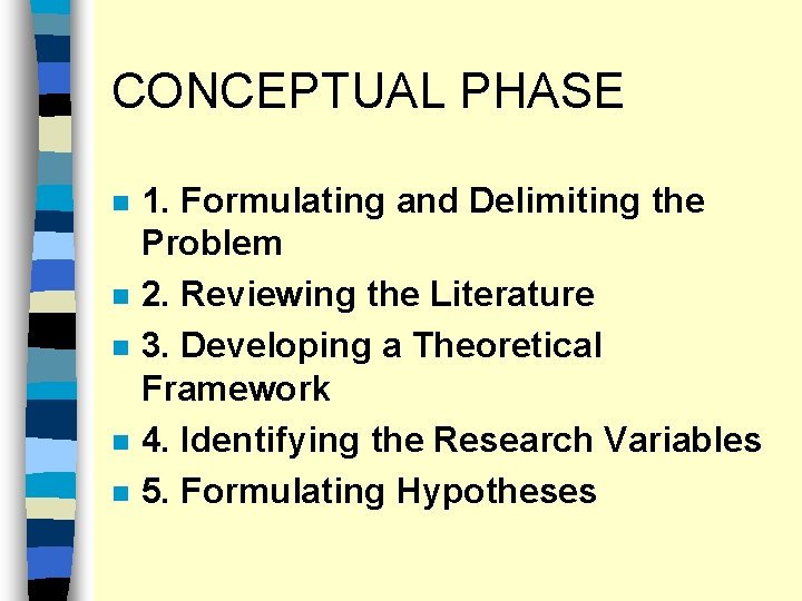 CONCEPTUAL PHASE n n n 1. Formulating and Delimiting the Problem 2. Reviewing the