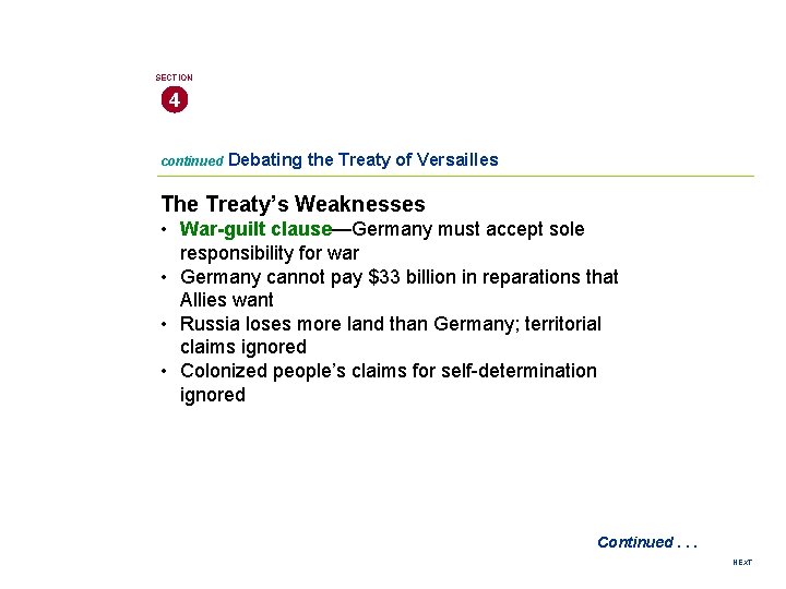 SECTION 4 continued Debating the Treaty of Versailles The Treaty’s Weaknesses • War-guilt clause—Germany