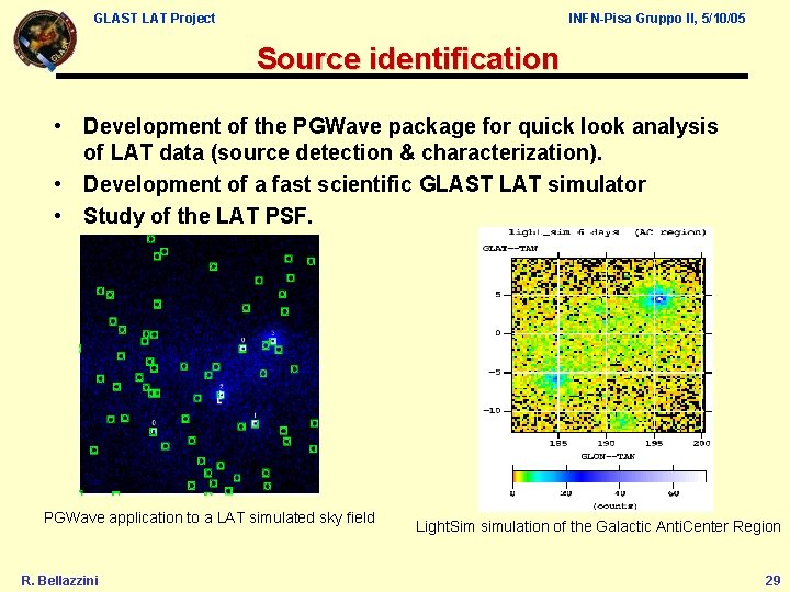 GLAST LAT Project INFN-Pisa Gruppo II, 5/10/05 Source identification • Development of the PGWave