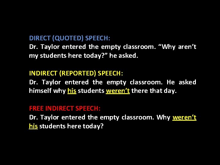 DIRECT (QUOTED) SPEECH: Dr. Taylor entered the empty classroom. “Why aren’t my students here