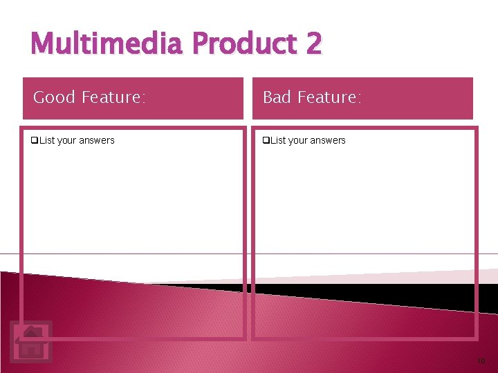 Multimedia Product 2 Good Feature: Bad Feature: q. List your answers 10 