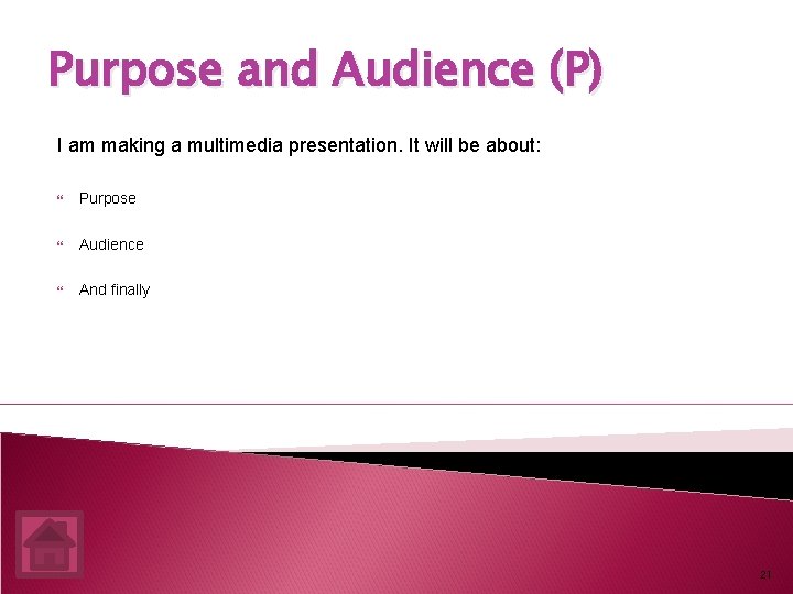 Purpose and Audience (P) I am making a multimedia presentation. It will be about: