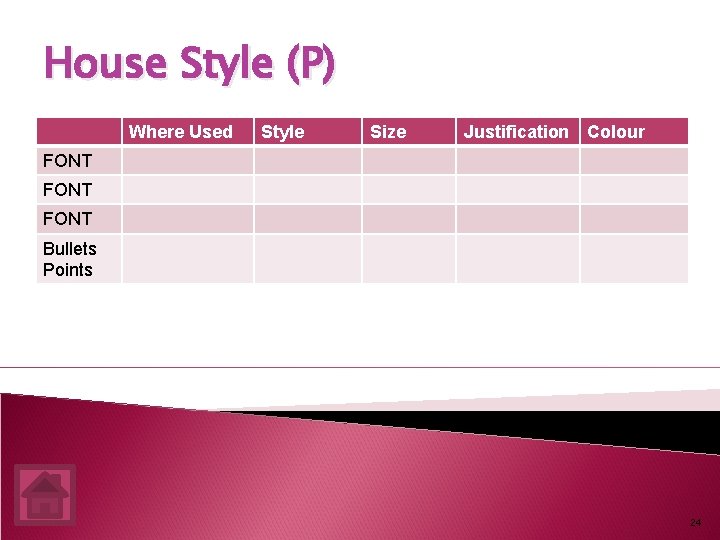 House Style (P) Where Used Style Size Justification Colour FONT Bullets Points 24 