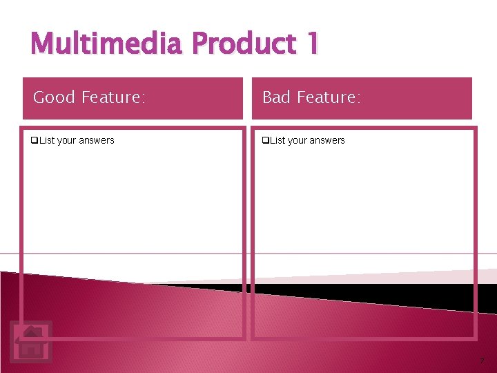 Multimedia Product 1 Good Feature: Bad Feature: q. List your answers 7 