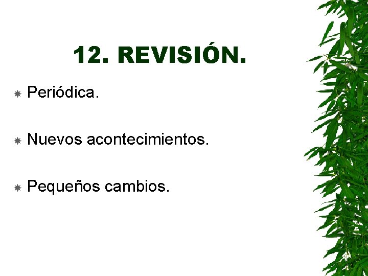 12. REVISIÓN. Periódica. Nuevos acontecimientos. Pequeños cambios. 