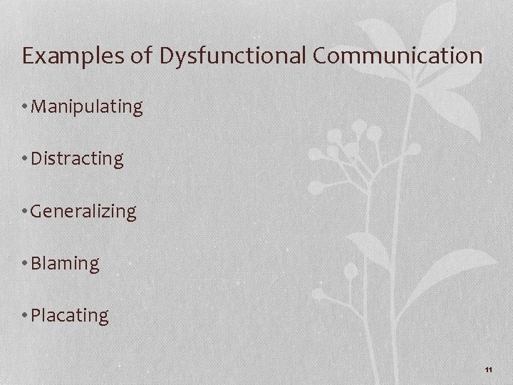 Examples of Dysfunctional Communication • Manipulating • Distracting • Generalizing • Blaming • Placating Examples of Dysfunctional Communication • Manipulating • Distracting • Generalizing • Blaming • Placating