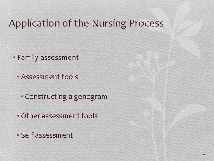 Application of the Nursing Process • Family assessment • Assessment tools • Constructing a Application of the Nursing Process • Family assessment • Assessment tools • Constructing a