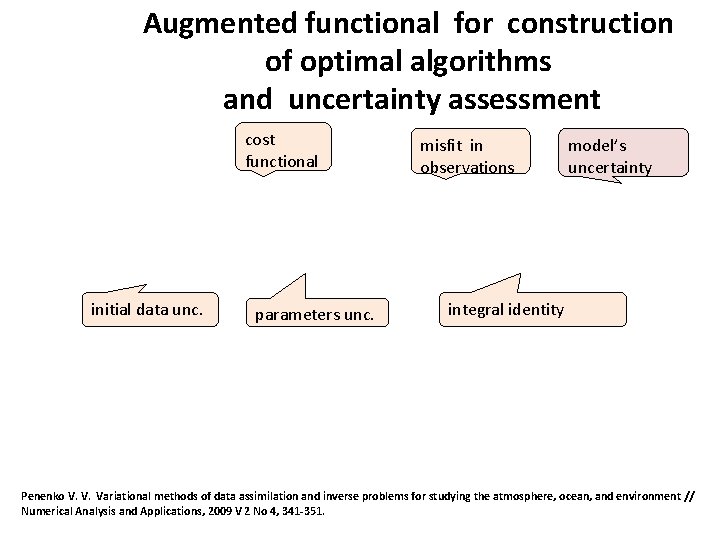 Augmented functional for construction of optimal algorithms and uncertainty assessment cost functional initial data