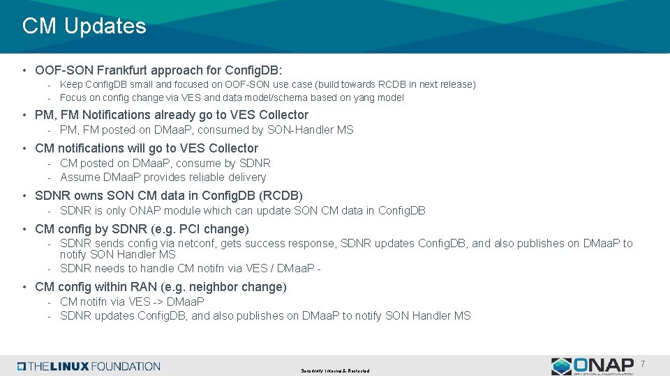CM Updates • OOF-SON Frankfurt approach for Config. DB: - Keep Config. DB small