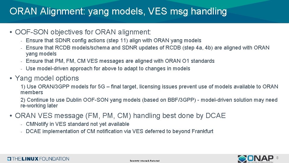 ORAN Alignment: yang models, VES msg handling • OOF-SON objectives for ORAN alignment: -