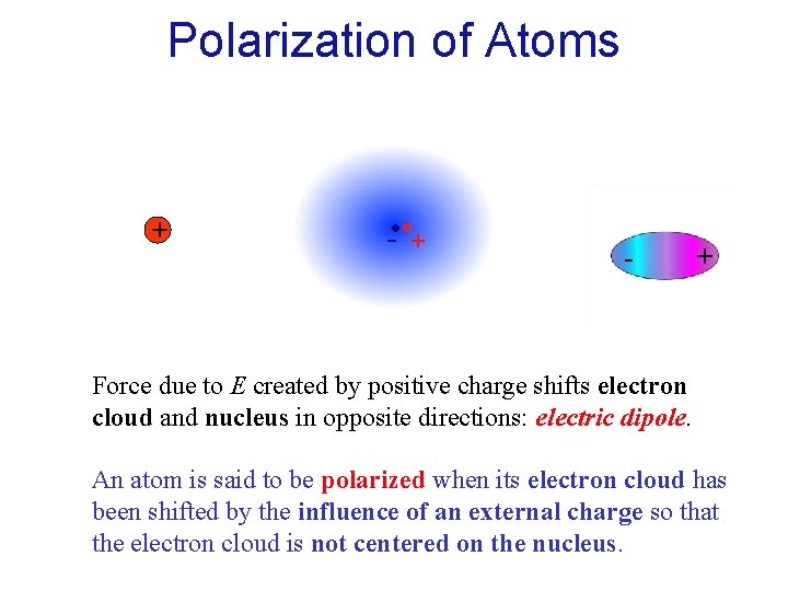 Polarization of Atoms + E - + Force due to E created by positive
