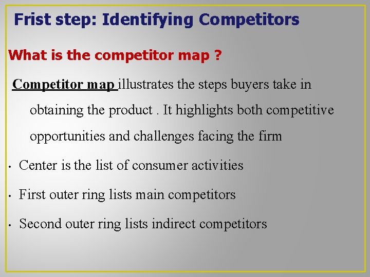Frist step: Identifying Competitors What is the competitor map ? Competitor map illustrates the Frist step: Identifying Competitors What is the competitor map ? Competitor map illustrates the