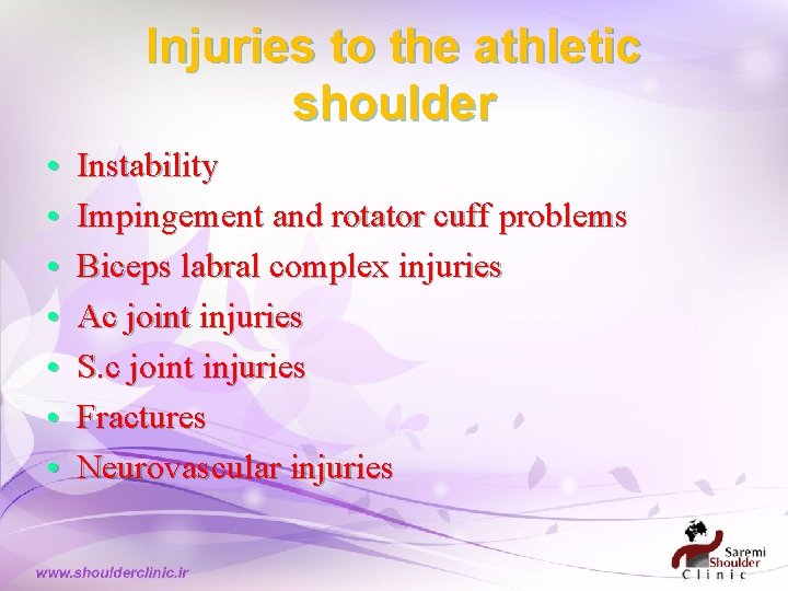 Injuries to the athletic shoulder • • Instability Impingement and rotator cuff problems Biceps Injuries to the athletic shoulder • • Instability Impingement and rotator cuff problems Biceps