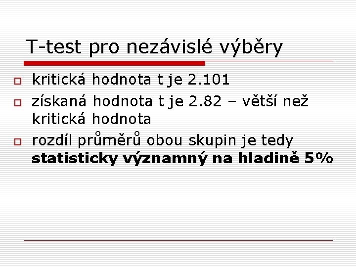 T-test pro nezávislé výběry o o o kritická hodnota t je 2. 101 získaná