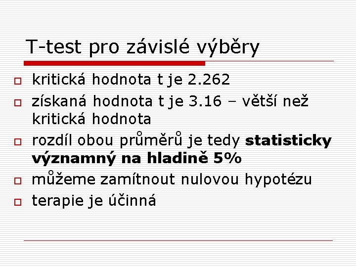 T-test pro závislé výběry o o o kritická hodnota t je 2. 262 získaná