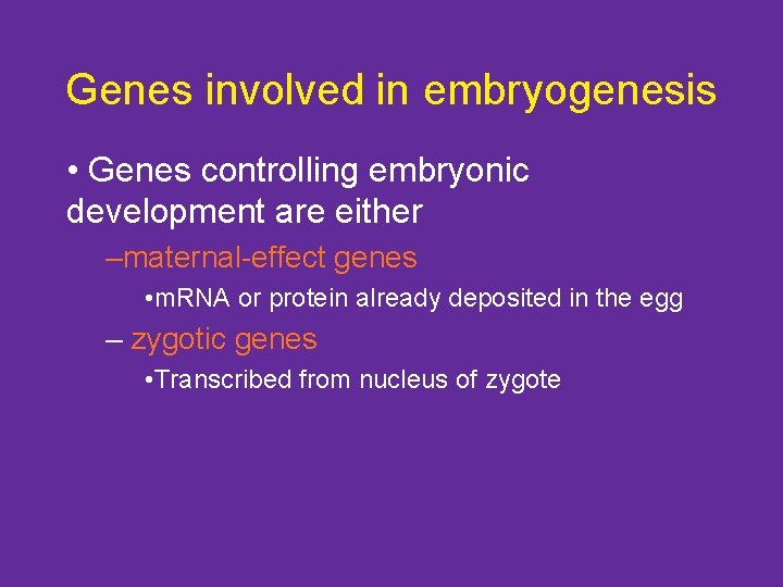 Genes involved in embryogenesis • Genes controlling embryonic development are either –maternal-effect genes •