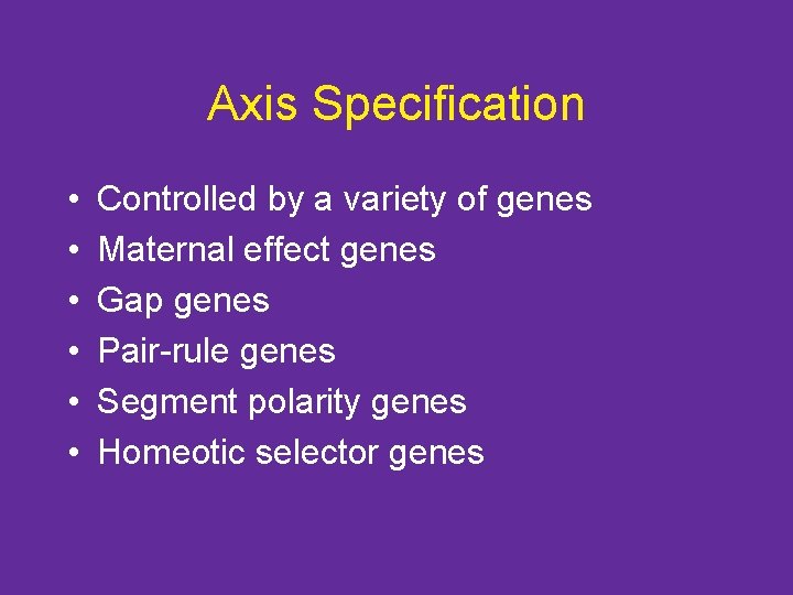 Axis Specification • • • Controlled by a variety of genes Maternal effect genes
