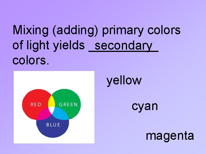 Mixing (adding) primary colors of light yields _____ secondary colors. yellow cyan magenta 