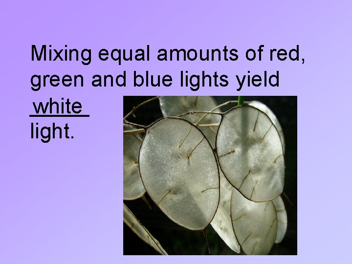 Mixing equal amounts of red, green and blue lights yield _____ white light. 