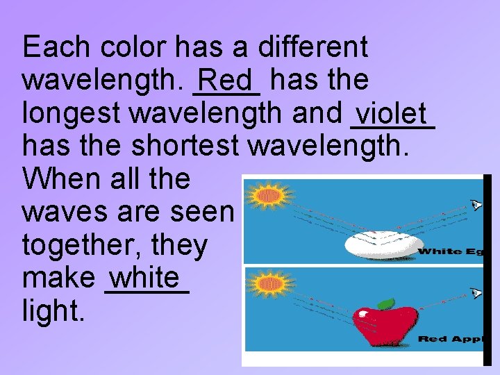 Each color has a different wavelength. ____ Red has the longest wavelength and _____