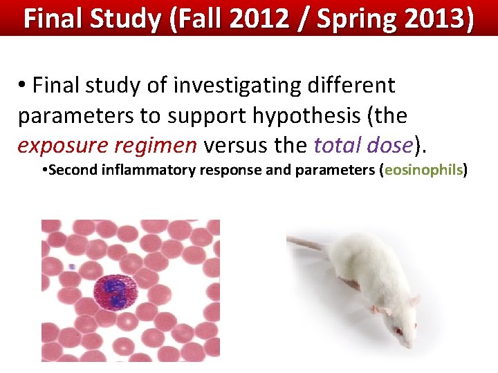 Final Study (Fall 2012 / Spring 2013) • Final study of investigating different parameters Final Study (Fall 2012 / Spring 2013) • Final study of investigating different parameters
