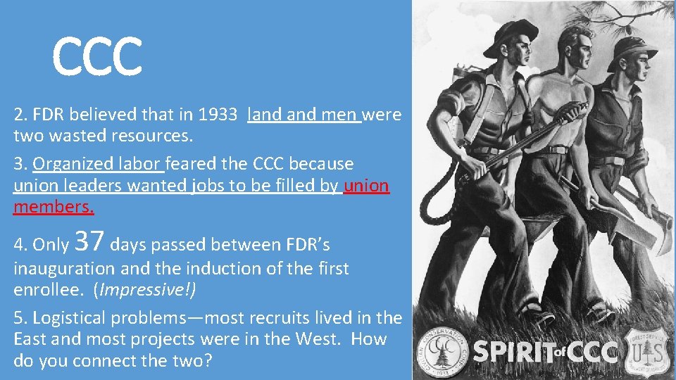 CCC 2. FDR believed that in 1933 land men were two wasted resources. 3.
