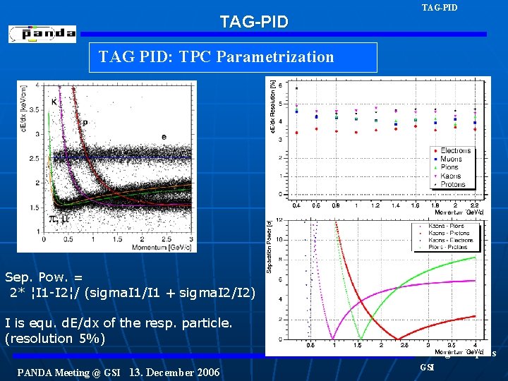 TAG-PID TAG PID: TPC Parametrization Sep. Pow. = 2* ¦I 1 -I 2¦/ (sigma.