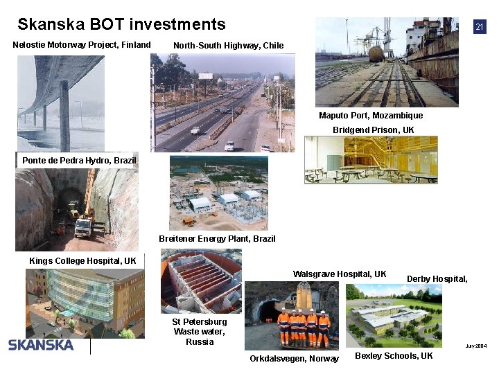 Skanska BOT investments Nelostie Motorway Project, Finland 21 North-South Highway, Chile Maputo Port, Mozambique
