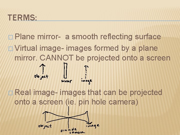 TERMS: � Plane mirror- a smooth reflecting surface � Virtual image- images formed by