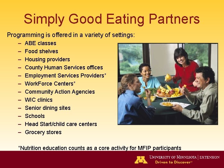 Simply Good Eating Partners Programming is offered in a variety of settings: – –