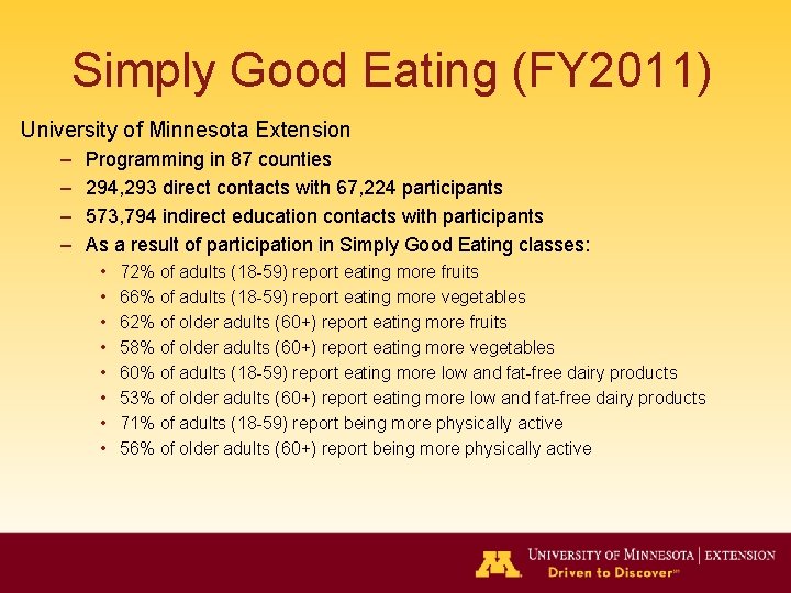 Simply Good Eating (FY 2011) University of Minnesota Extension – – Programming in 87