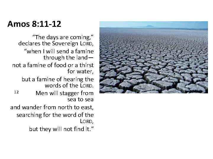 Amos 8: 11 -12 “The days are coming, ” declares the Sovereign LORD, “when