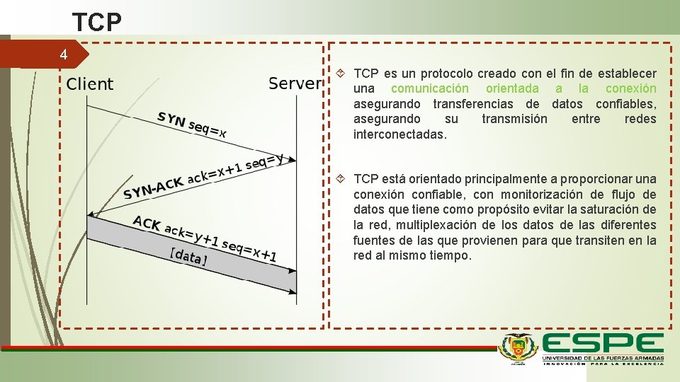 TCP 4 TCP es un protocolo creado con el fin de establecer una comunicación