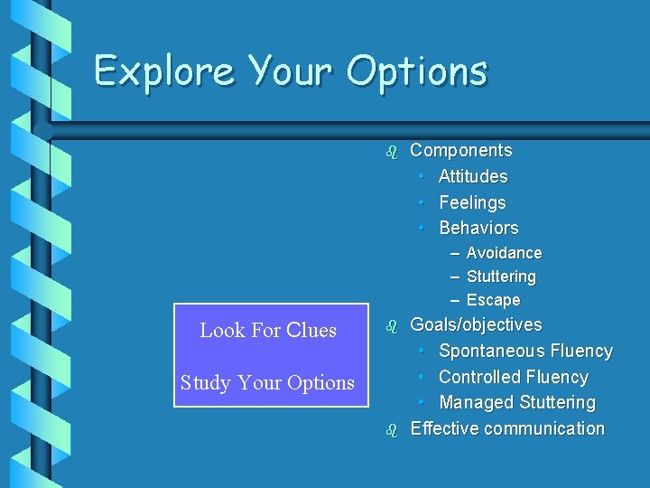 Explore Your Options b Components • Attitudes • Feelings • Behaviors – – –