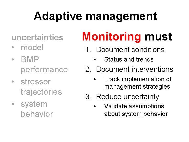 Adaptive management uncertainties • model • BMP performance • stressor trajectories • system behavior